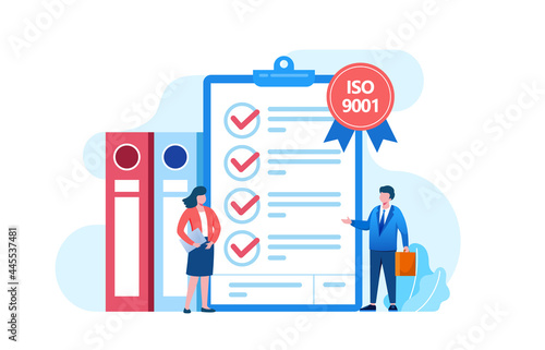 People meeting quality control standards and getting certificate ISO 9001. quality management certification, industry concept. Flat Vector template 
