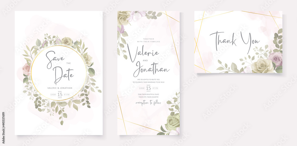 Beautiful soft floral and leaves wedding invitation card design Beautiful soft floral and leaves wedding invitation card design