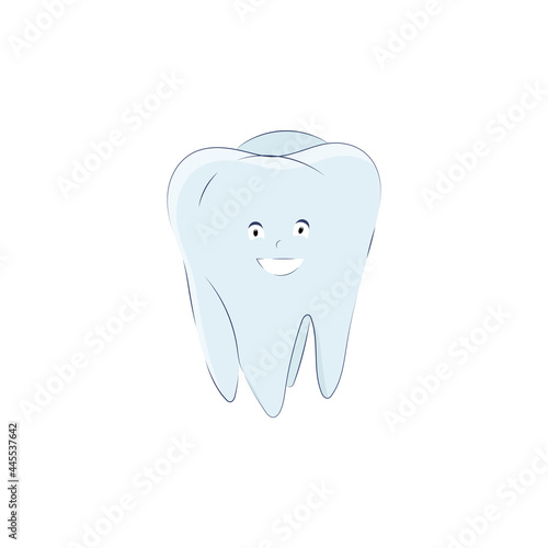 Cute tooth in cartoon style isolated on white background. Vector illustration, molar icon with eyes, mouth and handles.
