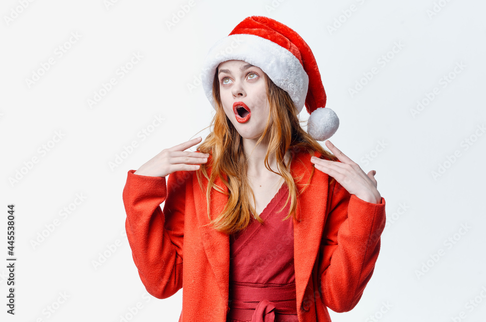 woman wearing santa costume fashion luxury posing holiday christmas woman wearing santa costume fashion luxury posing holiday christmas