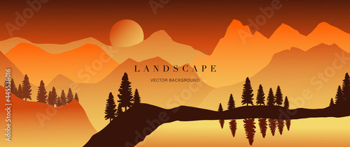 Mountain background vector. Landscape with mountains and sun, Mountainous terrain, Sun set wallpaper design for wall arts, cover, fabric. Vector illustration.