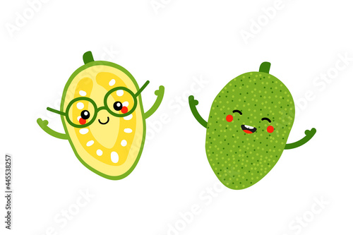 Couple of cute smiling cartoon style jackfruit characters for food design.
