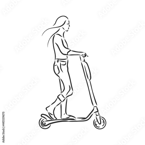 Continuous line woman rides an electric scooter with raised leg