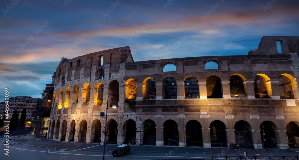 Panoramic of Coliseum or Flavian Amphitheatre (Amphitheatrum Flavium or Colosseo), Rome, Italy.