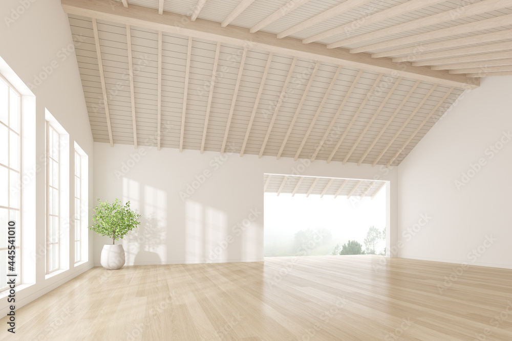 Fototapeta premium 3d render of empty room with white wall and vase of plant on wooden laminate floor.