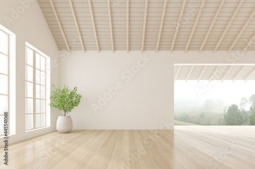Fototapeta Naklejka Na Ścianę i Meble -  3d render of empty room with white wall and vase of plant on wooden laminate floor.