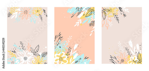 Set of vector backgrounds with hand painted plants in pastel colors. Greeting card, poster. Decorative floral design elements.