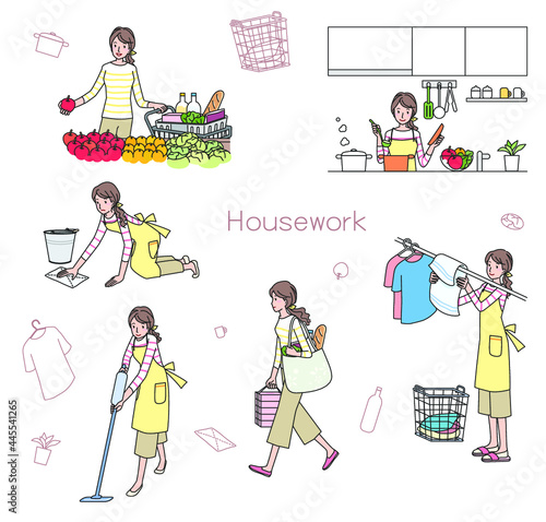 家事をするエプロン姿の若い女性　セット