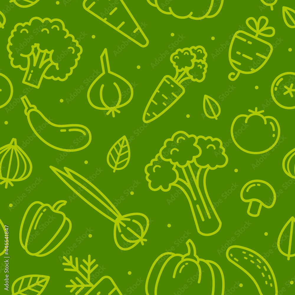 Linear Vegetables Green icons and symbols seamless vector pattern on ...