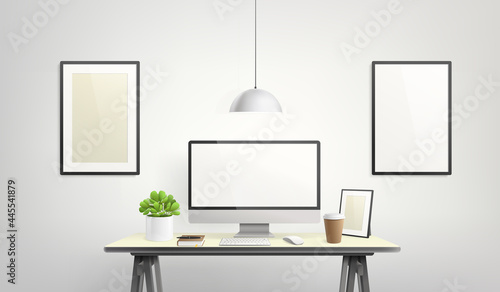 Vector Computer Display and office elements objects on desk table - workspace mockup template. Editable Mockup set of creative workspace background with  copmuter desktop and frame on wall