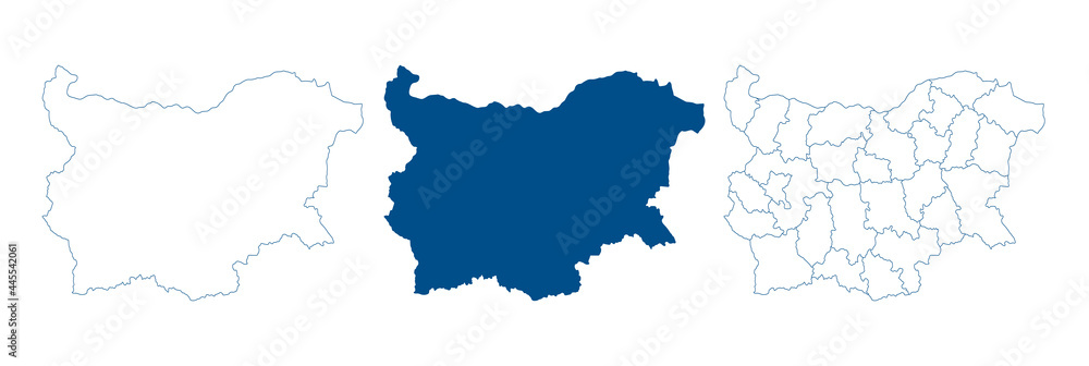 Bulgaria map vector. High detailed vector outline, blue silhouette and administrative divisions map of Bulgaria. All isolated on white background. Template for website, design, cover, infographics
