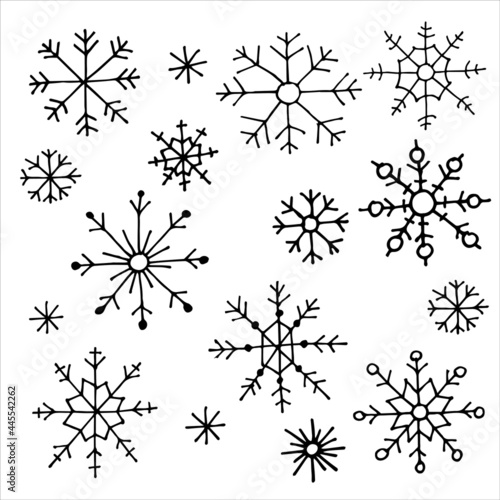 set of simple line drawings of snowflakes in doodle style. christmas decorations  snowflakes in scandinavian style isolated on white background.