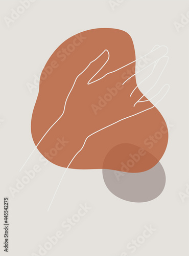 Modern abstract boho style hand gesture. Aesthetic hand-drawn modern gesture art contemporary bohemian poster cover template. Organic boho shape for poster, wall decor, wall art, banner, flier and mor