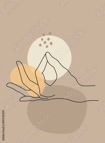 Modern abstract boho style hand gesture. Aesthetic hand-drawn modern gesture art contemporary bohemian poster cover template. Organic boho shape for poster, wall decor, wall art, banner, flier and mor