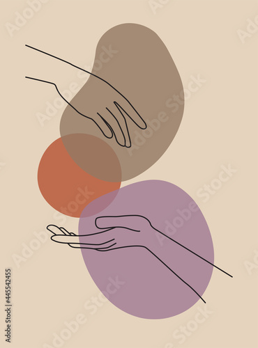 Modern abstract boho style hand gesture. Aesthetic hand-drawn modern gesture art contemporary bohemian poster cover template. Organic boho shape for poster, wall decor, wall art, banner, flier and mor