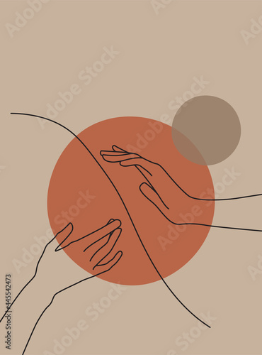 Modern abstract boho style hand gesture. Aesthetic hand-drawn modern gesture art contemporary bohemian poster cover template. Organic boho shape for poster, wall decor, wall art, banner, flier and mor
