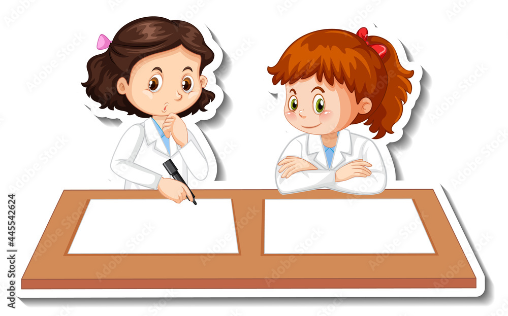 Scientist girls cartoon characters with science experiment object Scientist girls cartoon characters with science experiment object