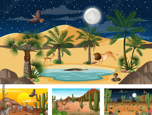 Different desert forest scenes with animals and plants