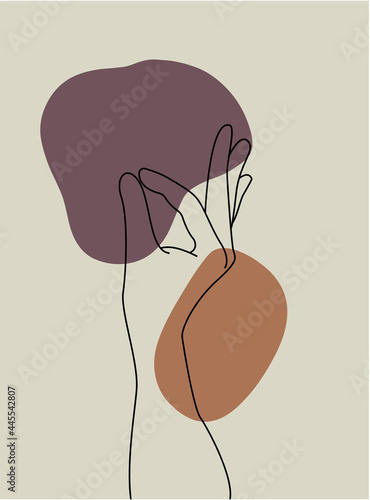 Continuous line vector illustration of two hands barely touching one another. Simple sketch of two hands made of one line, love concept. Hand boho poster art