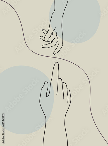 Continuous line vector illustration of two hands barely touching one another. Simple sketch of two hands made of one line, love concept. Hand boho poster art