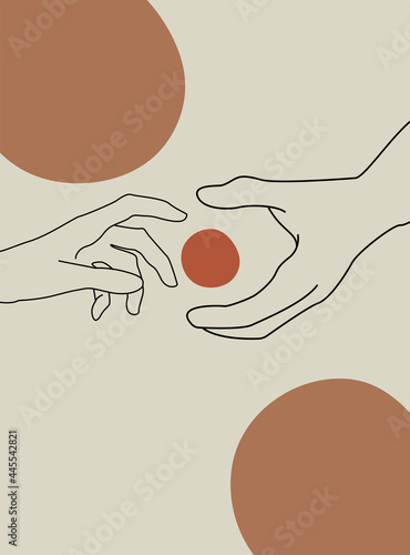 Continuous line vector illustration of two hands barely touching one another. Simple sketch of two hands made of one line, love concept. Hand boho poster art