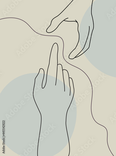 Continuous line vector illustration of two hands barely touching one another. Simple sketch of two hands made of one line, love concept. Hand boho poster art