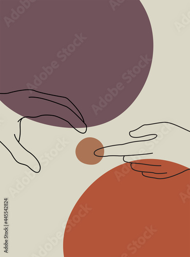 Continuous line vector illustration of two hands barely touching one another. Simple sketch of two hands made of one line, love concept. Hand boho poster art