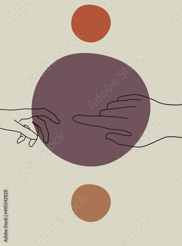 Continuous line vector illustration of two hands barely touching one another. Simple sketch of two hands made of one line, love concept. Hand boho poster art