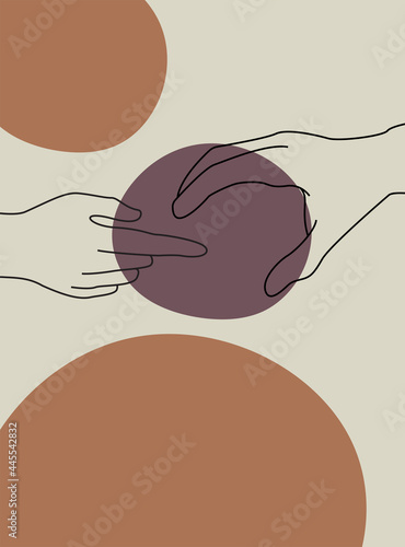 Continuous line vector illustration of two hands barely touching one another. Simple sketch of two hands made of one line, love concept. Hand boho poster art