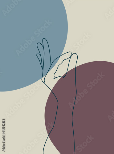 Continuous line vector illustration of two hands barely touching one another. Simple sketch of two hands made of one line, love concept. Hand boho poster art