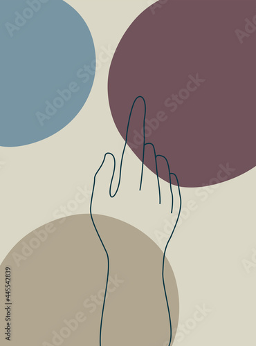 Continuous line vector illustration of two hands barely touching one another. Simple sketch of two hands made of one line, love concept. Hand boho poster art
