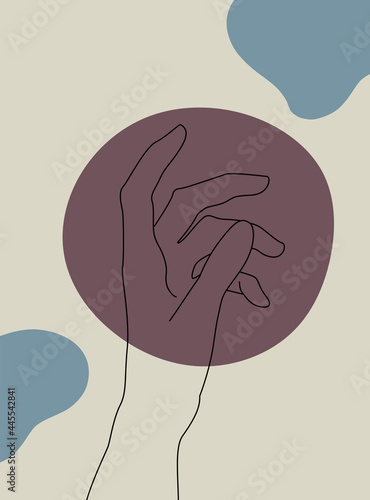 Continuous line vector illustration of two hands barely touching one another. Simple sketch of two hands made of one line, love concept. Hand boho poster art