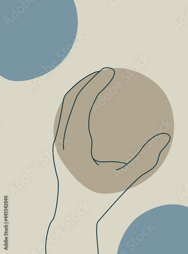 Continuous line vector illustration of two hands barely touching one another. Simple sketch of two hands made of one line, love concept. Hand boho poster art