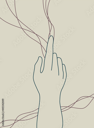 Continuous line vector illustration of two hands barely touching one another. Simple sketch of two hands made of one line, love concept. Hand boho poster art