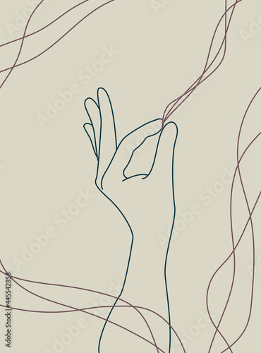 Continuous line vector illustration of two hands barely touching one another. Simple sketch of two hands made of one line, love concept. Hand boho poster art