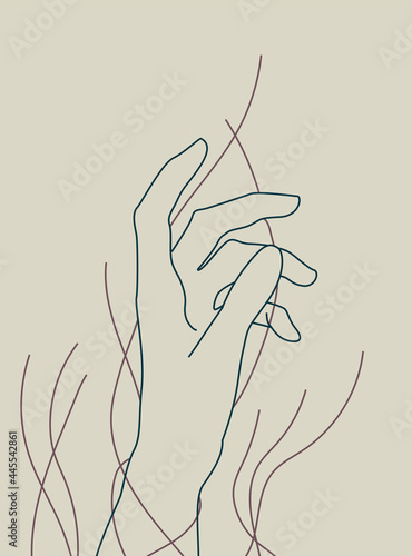 Continuous line vector illustration of two hands barely touching one another. Simple sketch of two hands made of one line, love concept. Hand boho poster art