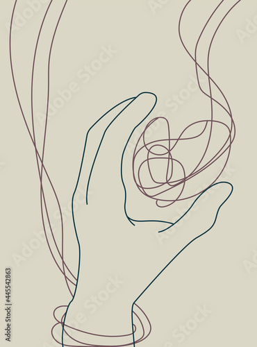 Continuous line vector illustration of two hands barely touching one another. Simple sketch of two hands made of one line, love concept. Hand boho poster art