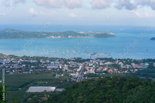 Aerial view of chalong Bay, parking of yachts and catamarans