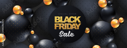 Black friday sale posters with 3D abstract black and gold spheres on dark black background. Typography poster. Vector illustration photo