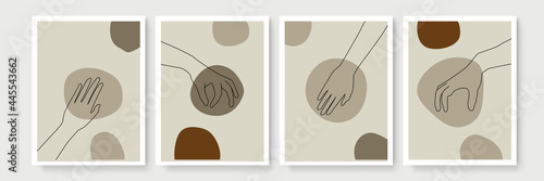 Vector set of hand gesture element in minimal bohemian style. Emblem design templates with different hand gestures. For cosmetics, beauty, spa, manicure, massage. Modern abstract boho hand gesture