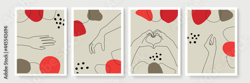 Vector set of hand gesture element in minimal bohemian style. Emblem design templates with different hand gestures. For cosmetics, beauty, spa, manicure, massage. Modern abstract boho hand gesture