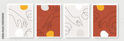 Vector set of hand gesture element in minimal bohemian style. Emblem design templates with different hand gestures. For cosmetics, beauty, spa, manicure, massage. Modern abstract boho hand gesture