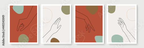 Vector set of hand gesture element in minimal bohemian style. Emblem design templates with different hand gestures. For cosmetics, beauty, spa, manicure, massage. Modern abstract boho hand gesture