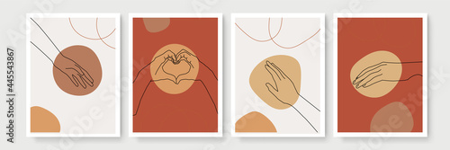 Vector set of hand gesture element in minimal bohemian style. Emblem design templates with different hand gestures. For cosmetics, beauty, spa, manicure, massage. Modern abstract boho hand gesture