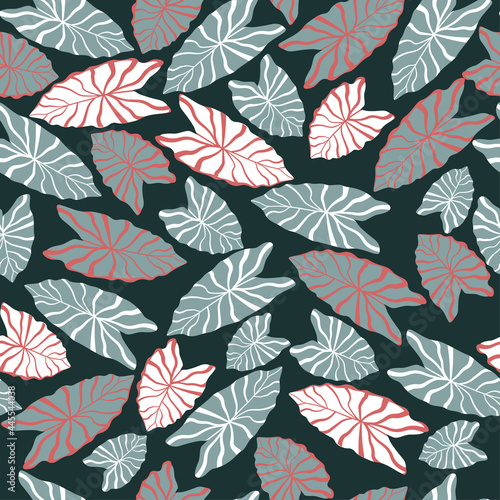 Seamless pattern of tropical, contemporary, exotic leaves, plants, flowers. Bright, summer print for fabrics, textiles, and design. Vector graphics.