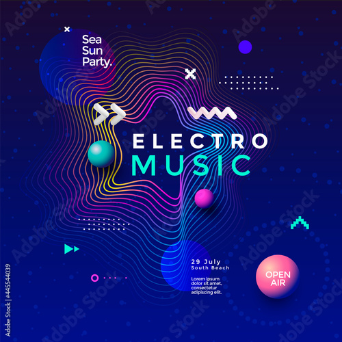 Electro music fest wave poster design. Club party flyer. Abstract gradients sound background with wavy lines. photo