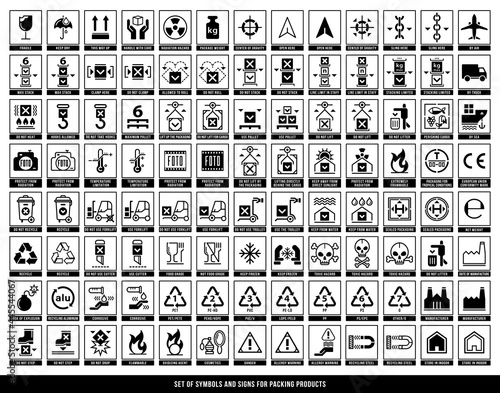 A set of manipulation symbols for packaging cargo products and goods. Marking the box or packaging of products. Vector elements.