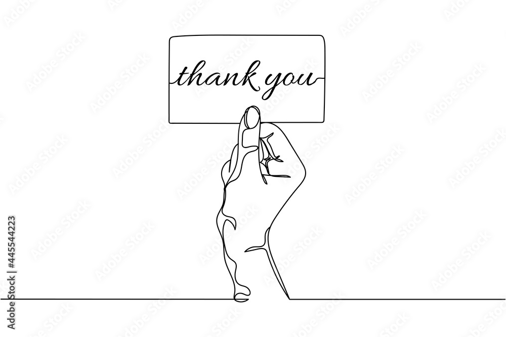 Continuous one line of hand holding card with quote thank you in silhouette on a white background. Linear stylized.Minimalist.