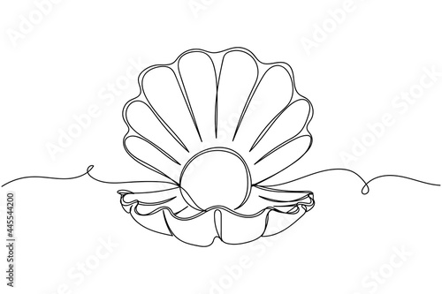 Continuous one line of pearl shell in silhouette on a white background. Linear stylized.Minimalist.
