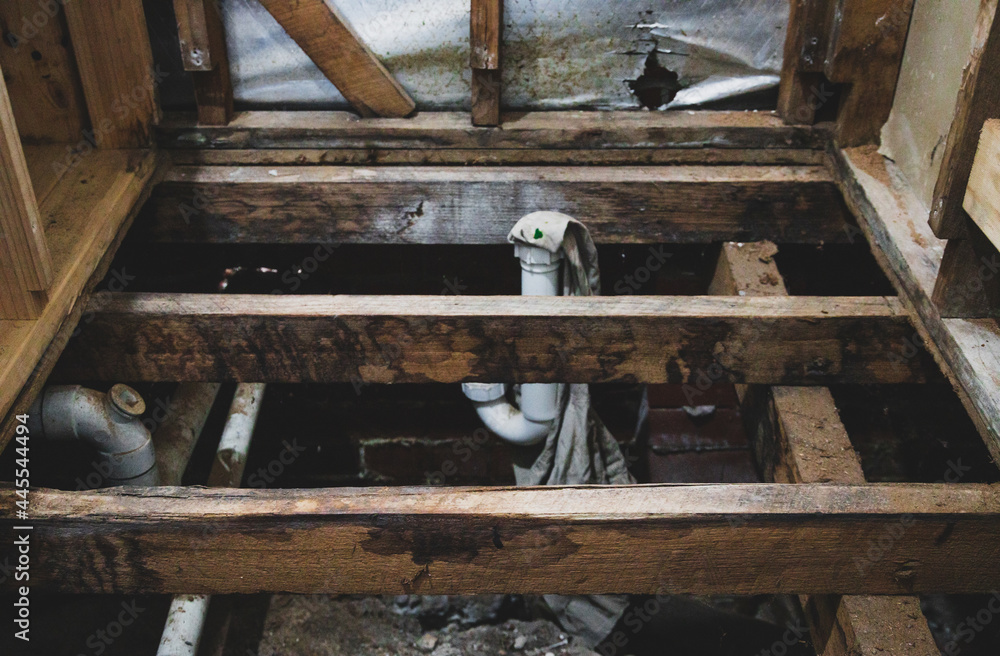 exposed floor structure with timber trusses during shower renovation, home renovations and tradesman work exposed floor structure with timber trusses during shower renovation, home renovations and tradesman work